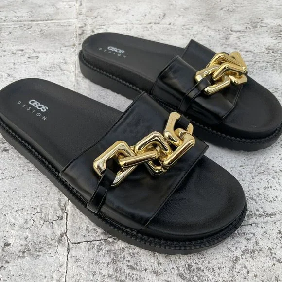 ASOS Shoes Asos Design Women Sandal Slides Black Shoes Gold